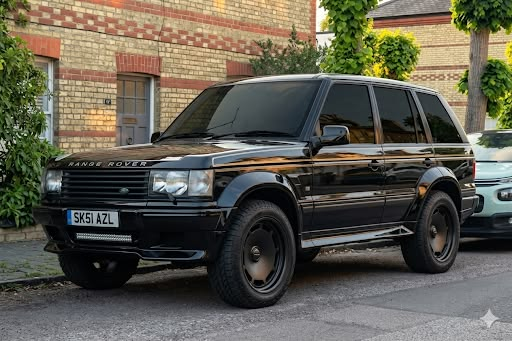 A black Range Rover parked outside a brick building